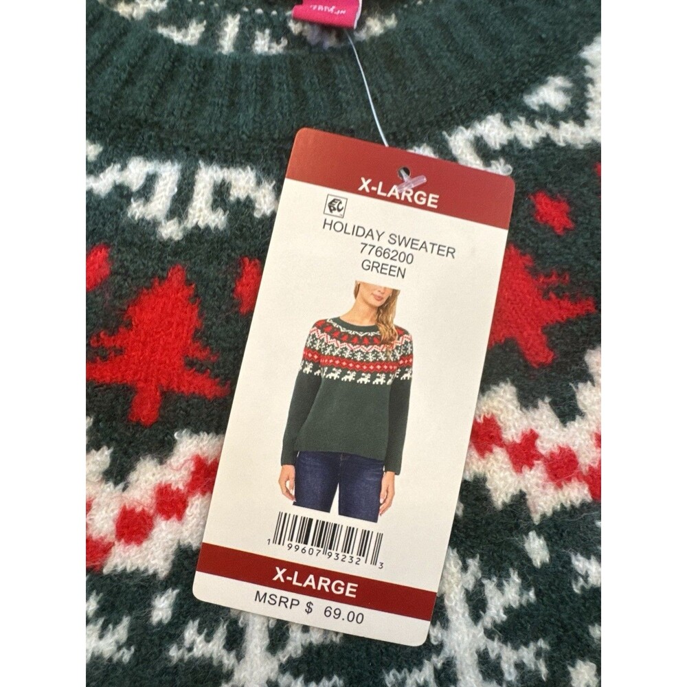 Vince Camuto Women XL Holiday Christmas Sweater Green Fair Isle Reindeer NWT - Picture 4 of 10
